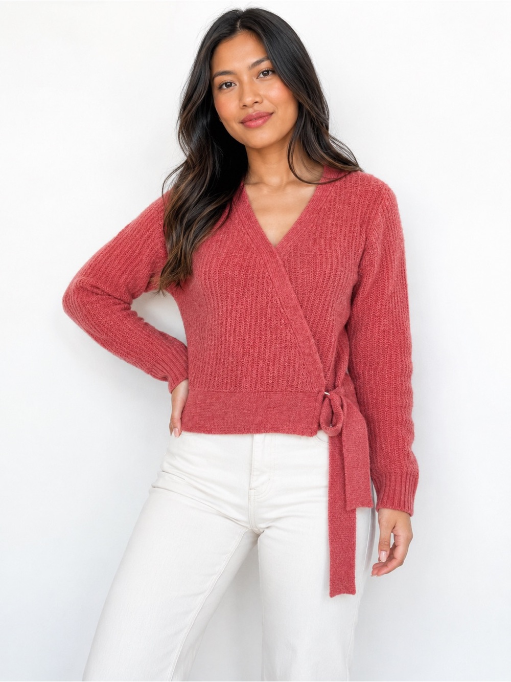 Side-Tie Wrap Cardigan Sweater in Dusty Rose